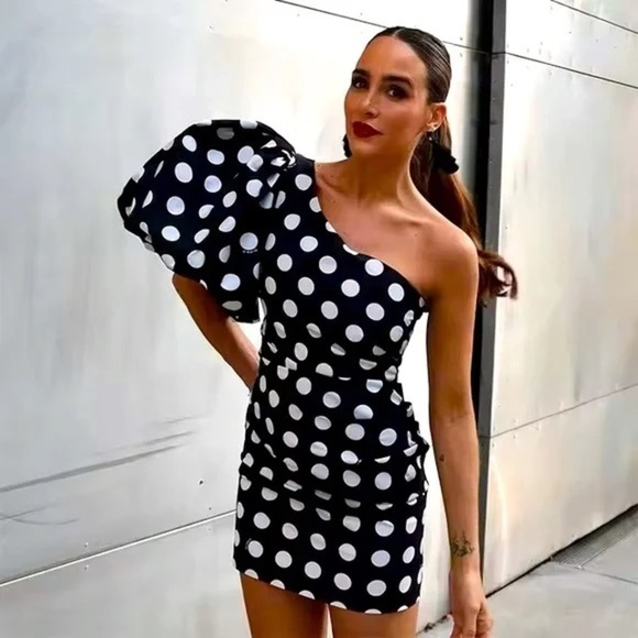 Pinko Classic Pin Up One Shoulder Black White Polka-dots Mini Dress Size 1 - Picture 1 of 14